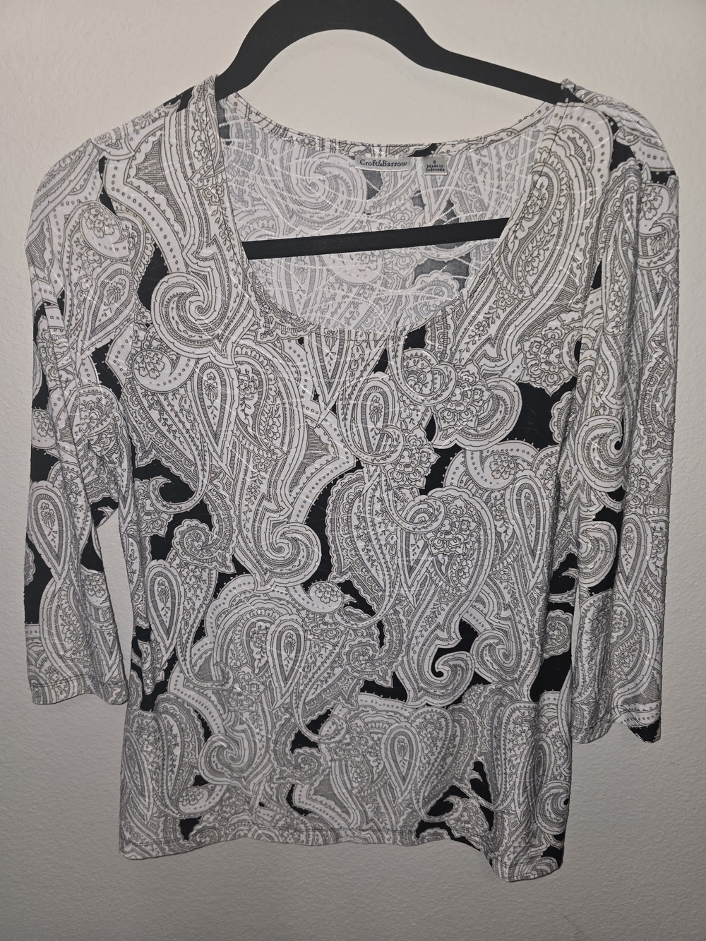 croft & barrow Black and White Paisley Scoop Neck Long Sleeve Top